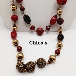 Chico’s Red Glass Beaded Necklace 38” Two Strand Gold Tone Accents Statement
